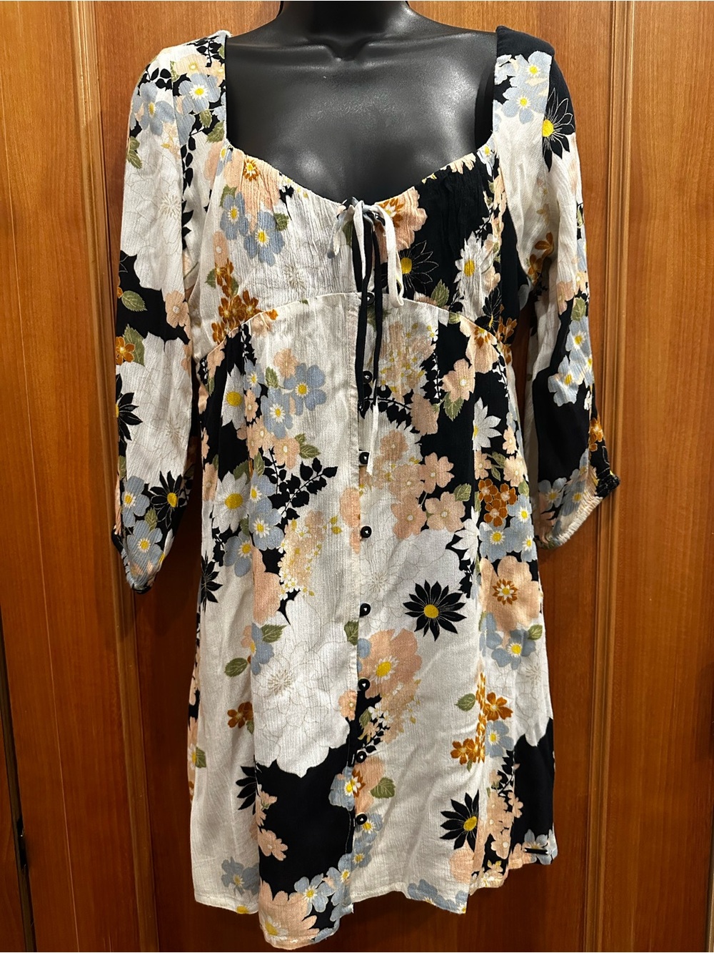 Volcom Floral Button-Front Babydoll Dress in Black, Cream & Pastel